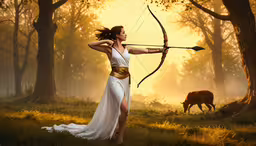 the woman is standing in a field holding a bow,a woman dressed in white posing with an arrow