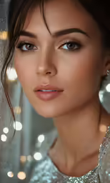 a woman is dressed in silver while looking at the camera