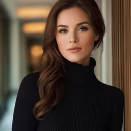 woman in black turtle neck sweater leaning against wall