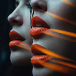 a series of photos depicting woman with her red lipstick on