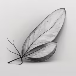 a leaf with a black stem is sitting on a white surface