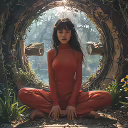 a woman in red is meditating outside