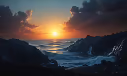 sunset over the ocean as waves come in