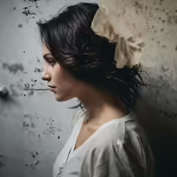 a woman in a white blouse has long dark hair and is staring straight ahead