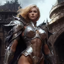 a woman in armor and armor standing outside