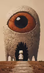 an surreally designed image with the girl standing on a sidewalk below an eye