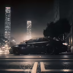 car parked on side of street at night near skyscraper