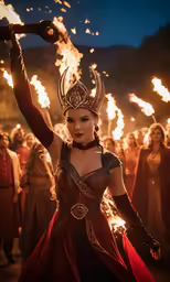 a woman in a red dress holding torches