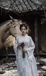 a woman standing next to a horse in a barn