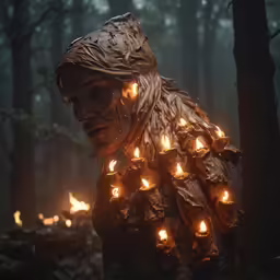 an evil man is illuminated with many candles