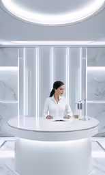 woman sitting at a white circular table with marble pattern on the background