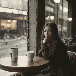 a person sitting at a table in front of a window