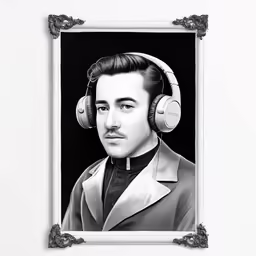 a photo with headphones on it of a man in a suit