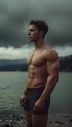a shirtless man poses for a photo by the water
