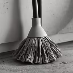 a black and white photo of a broom on the floor