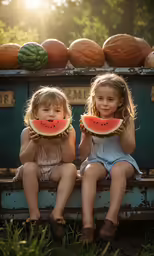 two little girls eating watermelon from a blue truck