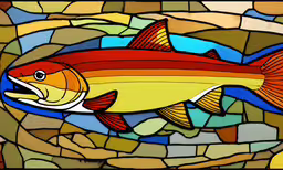 a painting of a fish on a stained glass background,a fish with a red body is depicted in stained glass