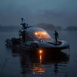 a man standing on top of a boat floating in water