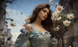 a woman is in an alley with some flowers