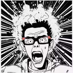 a stylized illustration of a black and white photo, with a man with red glasses on and the text,a graphic with an image of a man with glasses and a fire