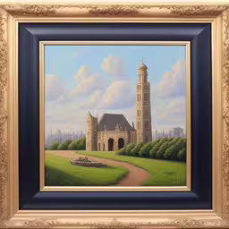 this painting depicts the building that looks like it is located in the middle of the painting,oil painting on canvas of a town house by the ocean