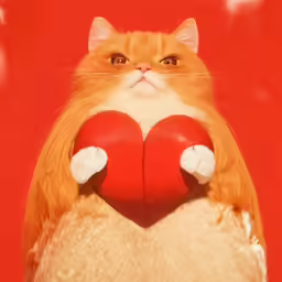 a fat orange cat holding a heart in its paws