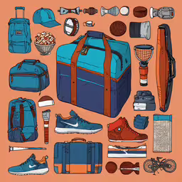 a bunch of different luggage items on a red background,the blue bag is filled with other items that have been drawn in