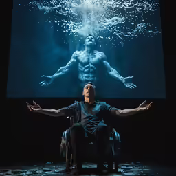 man sitting in a chair in front of a large screen