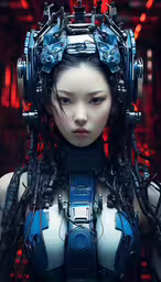 a woman with large gears is standing in a room,a futuristic woman with large, blue headpieces