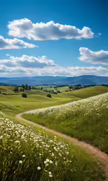 a dirt path leads to green grass and a field with flowers