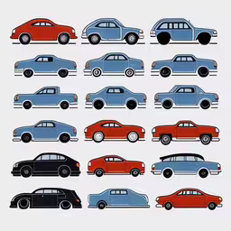a white shirt has different colored cars and black cars,various types of classic cars are shown on this white background,a set of many different colored cars,a car icon showing six different types of cars,an array of colored cars parked on street
