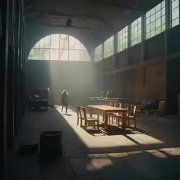 sunlight shining in a building with chairs and tables