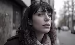 the woman is staring intently at something while on the street