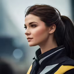 a woman is wearing a black and yellow jacket