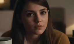a young girl holding a cup of coffee while wearing a sweater