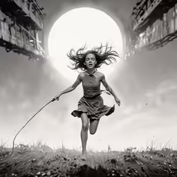 a girl in a dress is chasing her dog with long hair