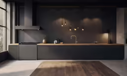 a wooden floor in a dark kitchen with wooden cabinets