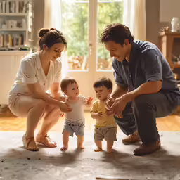 the man is kneeling down with his two kids