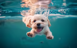 a dog swimming underwater in the water with his mouth open