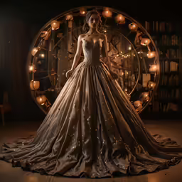 the woman is wearing a gown in front of a large clock