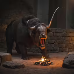 a yak walks by an open fire at night