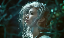 a woman looking ahead with wind blowing her hair