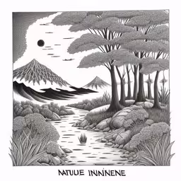 a drawing of the water and trees,the ink drawing shows a river in the woods,a drawing of an ink painting of trees, bushes and rocks,a drawing of a river running through a jungle with trees on both sides,an illustration showing a stream with trees and mountains in the background