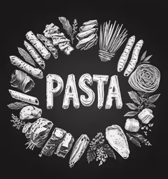 the word pasta written in white chalk in a wreath of food