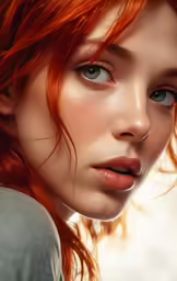 a close up of a female with red hair