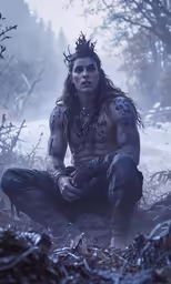 a man dressed up as a native american warrior in a forest