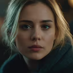 a woman is looking up at the camera