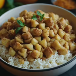 a bowl of rice with chicken on top and sauce