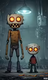 a character and a person standing in front of a room