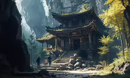an oriental style building in the middle of a forest